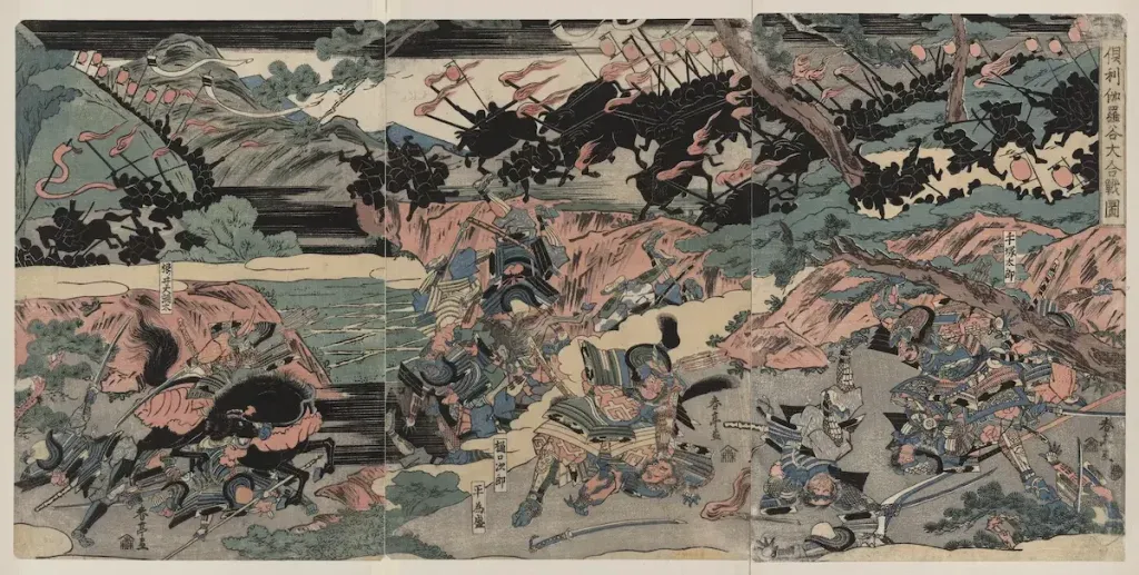 Battle of Kurikara with oxen attached with flame torches in background