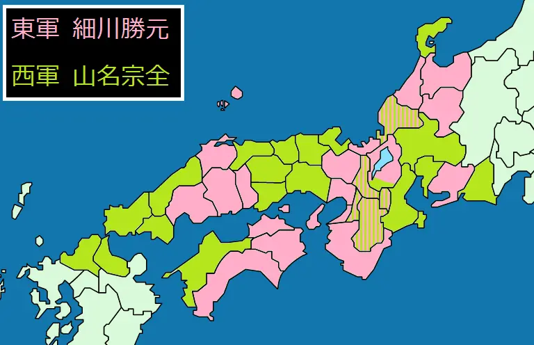 Map of Onin War Forces (Pink areas under Hosokawa Katsumoto, Green areas under Yamana Sozen)