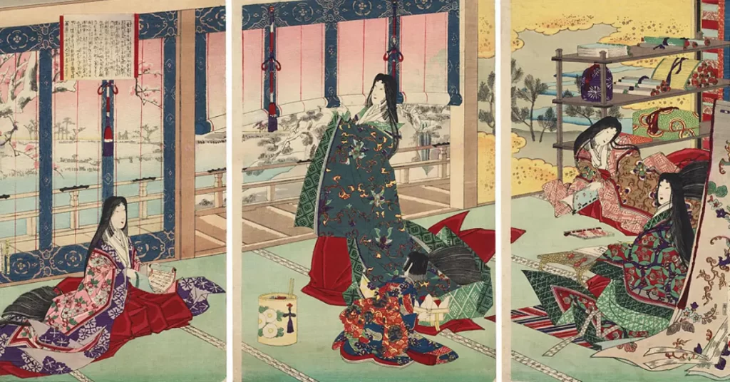 Japanese women at the Imperial Palace reciting poems in Heian period