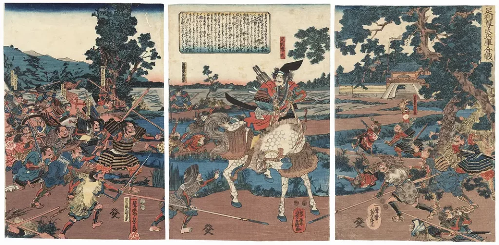 Ashikaga Taukuji on a horse leading his samurai in Battle of Minatogawa