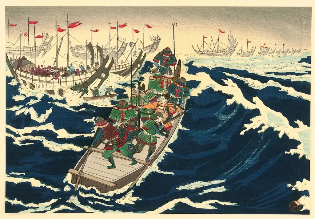 A boat full of Samurai overlooking the Mongols fleet