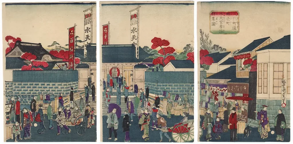 A busy Ningyocho Street in Tokyo during Meiji Era