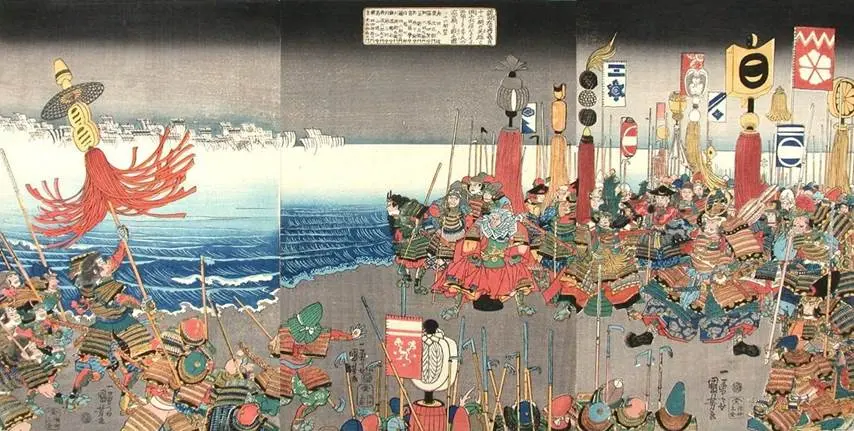 Nitta Yoshisada and his samurai awaiting Ashikaga Takauji in the Battle of the Minatogawa