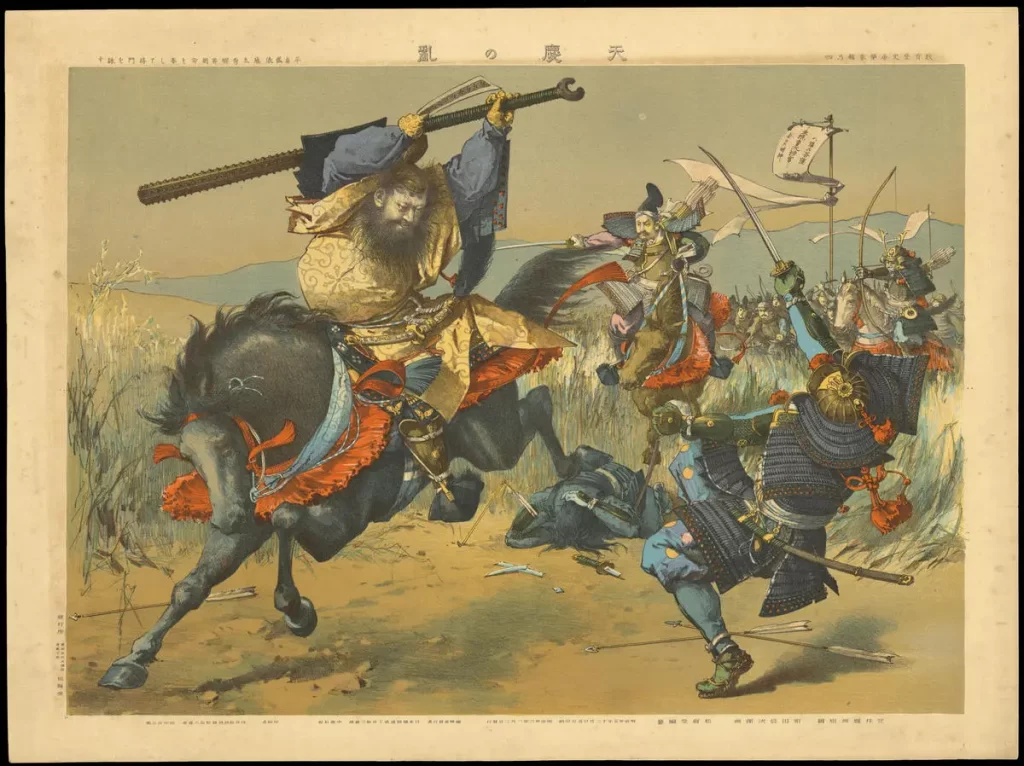 Woodblock print of Taira no Masakado fighting with his iron club