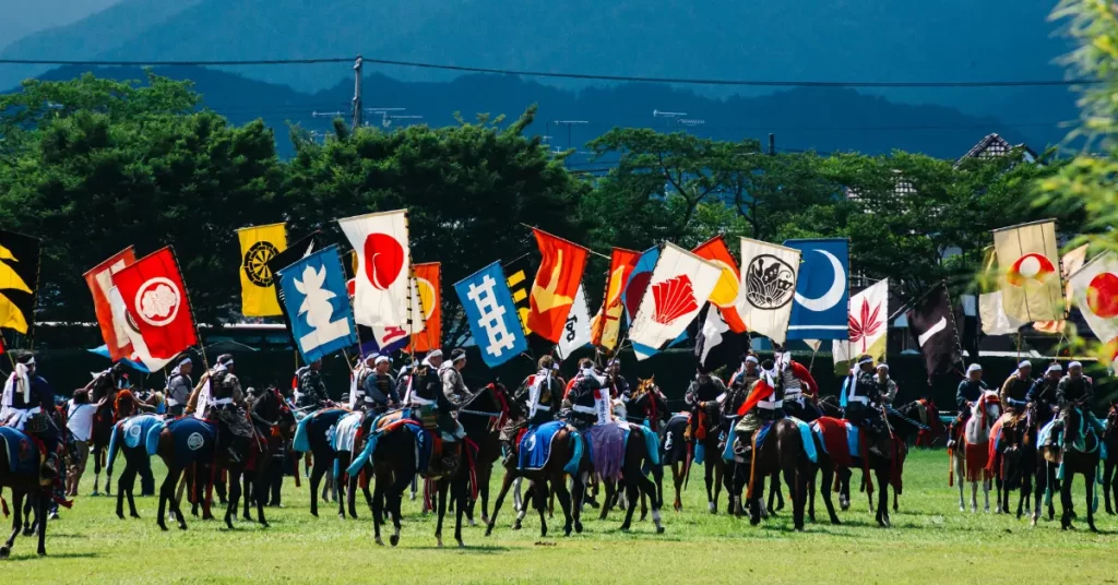 A group of samurai cavalry with their clan banners