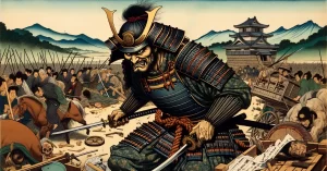 A raging samurai plundering the countryside with a devastated background
