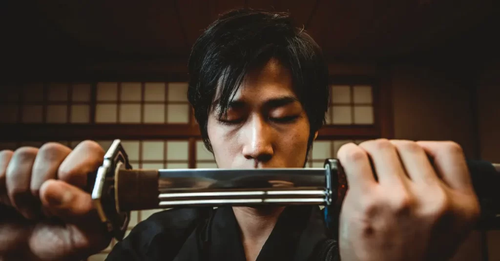 A samurai preparing his practice with a sword