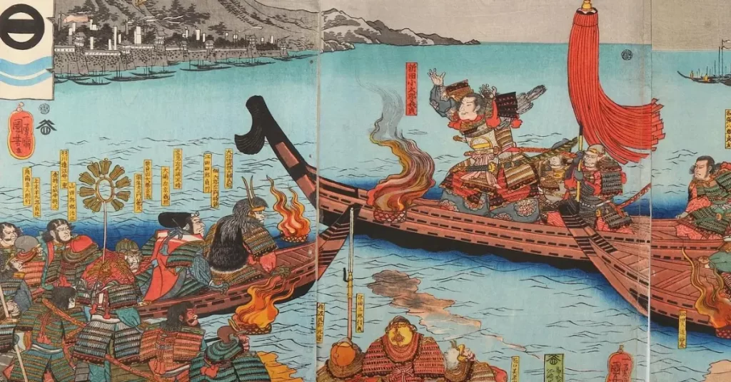 Nitta Yoshisada on boats heading to Kamakura to attack the Hōjō