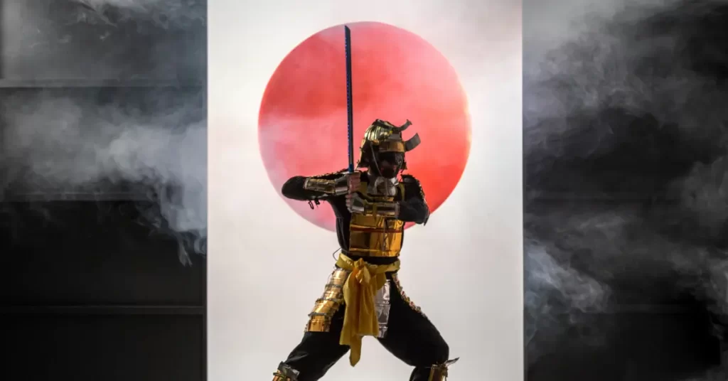 Samurai with Japan flag in background