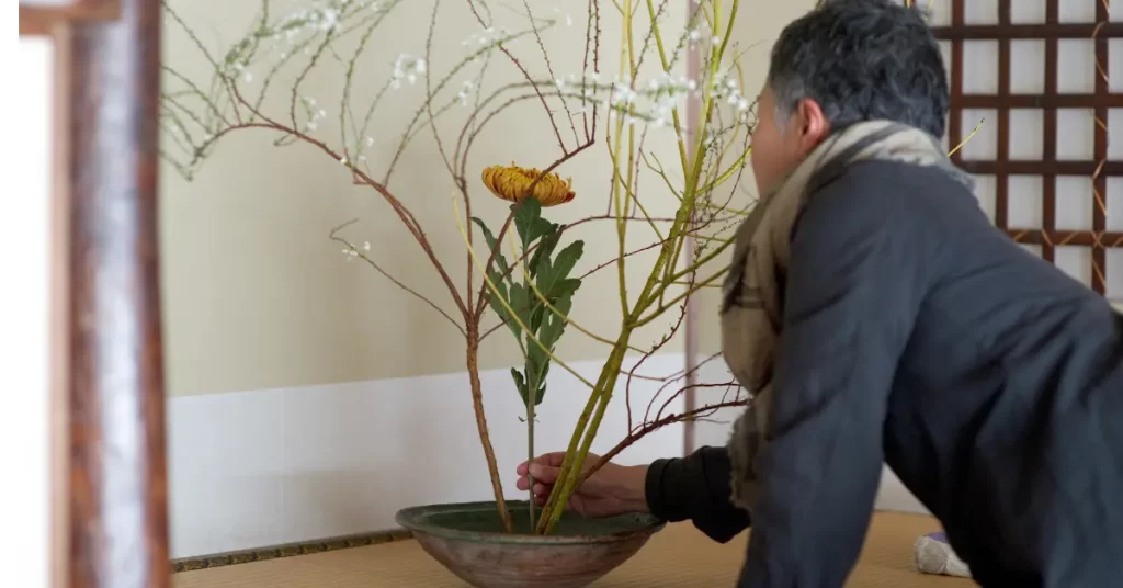 A man practicing the art of flower arrangement (Ikebana)