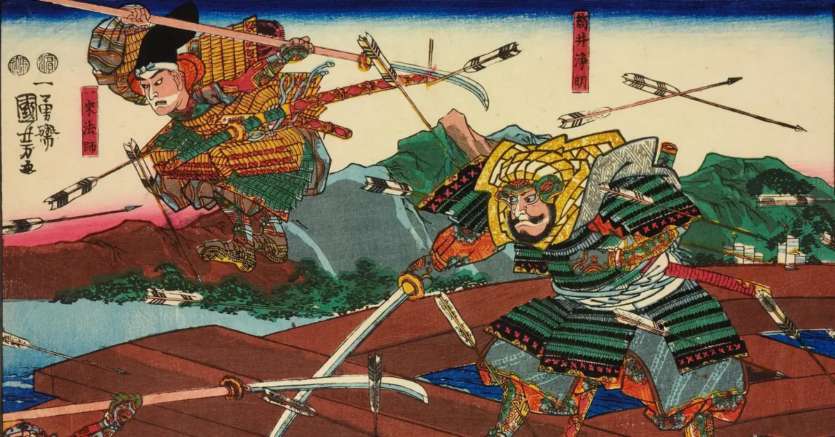 Two Samurai fighting against enemy forces on a bridge