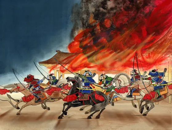 A group of samurai setting a building ablaze