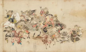 Minamoto no Yoshiiee's army defeating rival Kiyohara's army