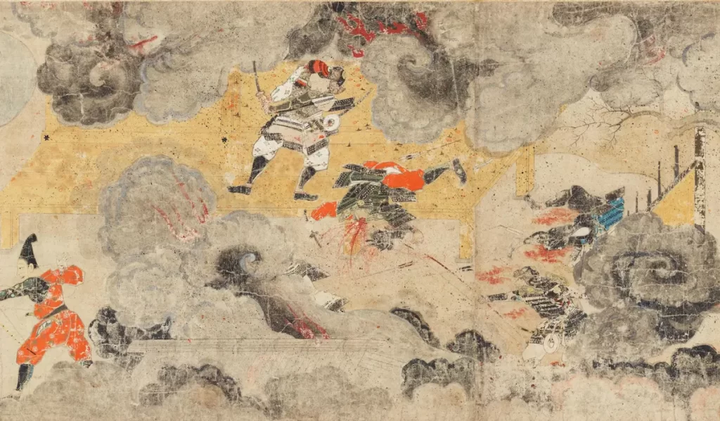 Samurai fighting amid the black smoke from the burning Kanezawa Stockade