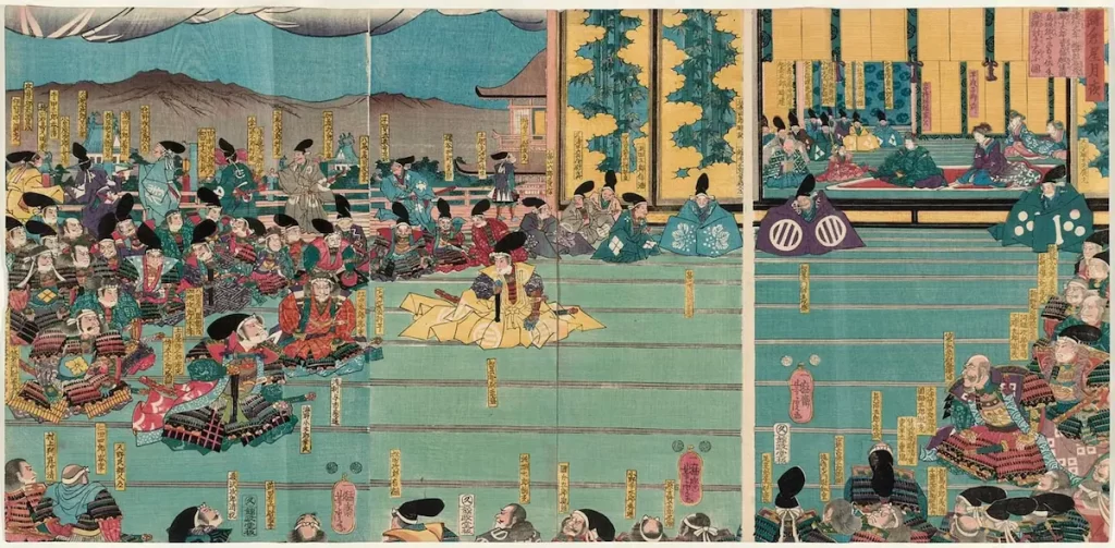 Samuai and court officials gathered around under the moonlight in Kamakura period