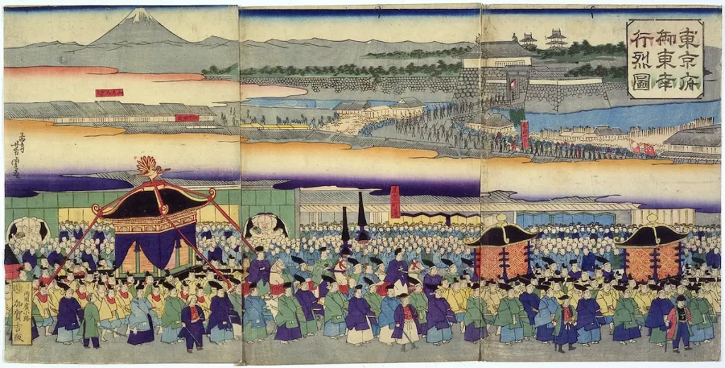The parade of Emperor Meiji and his followers relocating the Imperial Palace to Tokyo in Meiji period
