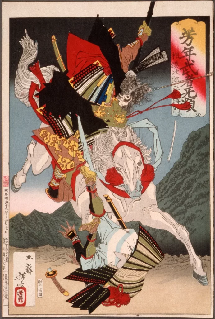 Woodblock print of Taira no Masakado Attacking an Opponent on Horseback