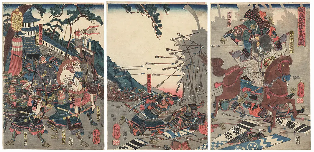 Woodblock print of Samurai fighting Taira no Masakado