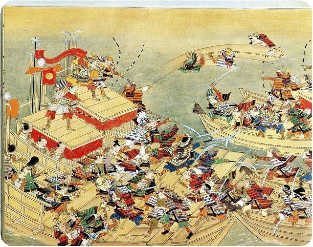 Taira armies created floating platforms with wooden planks in Battle of Mizushima