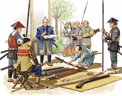 Samurai conducting a sword hunt to confiscate weapons from commoners and adversaries