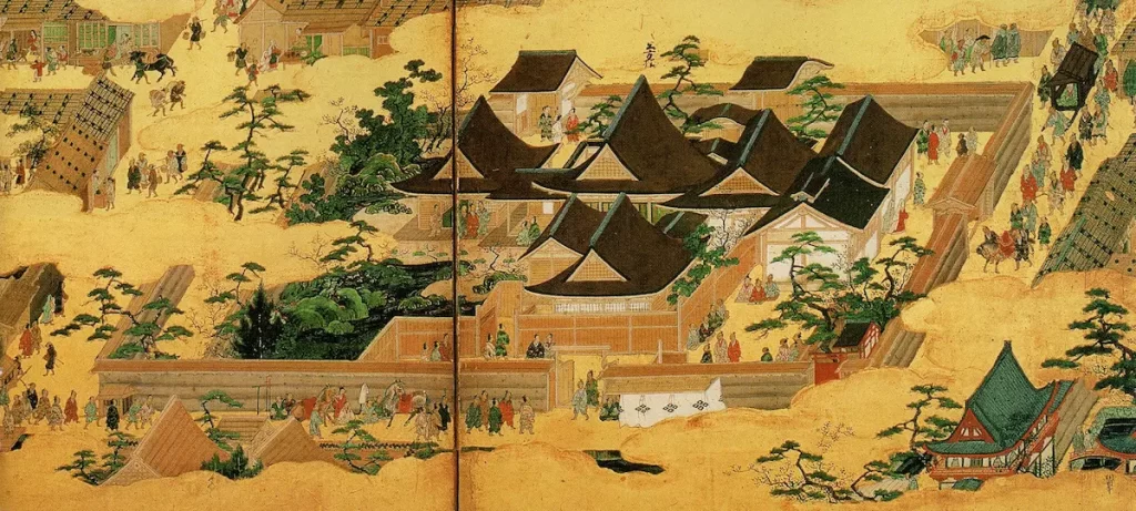 Hana-no-Gosho or Flower Palace, Residence of Ashikaga Shogun in woodblock print